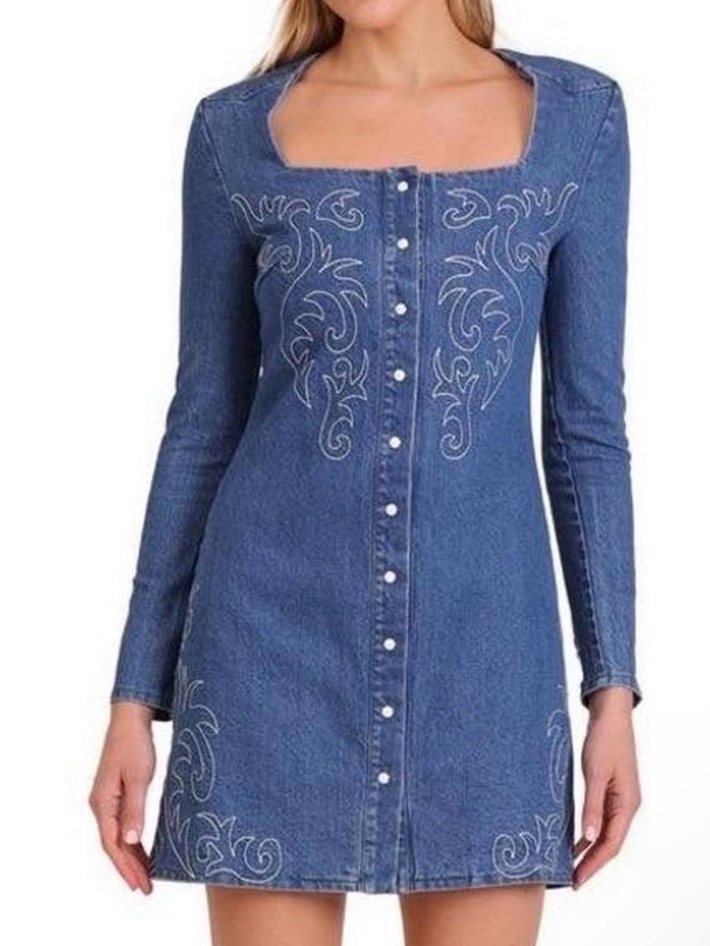 Avec Les Filles Blue Denim Button-Front Long Sleeve Dress